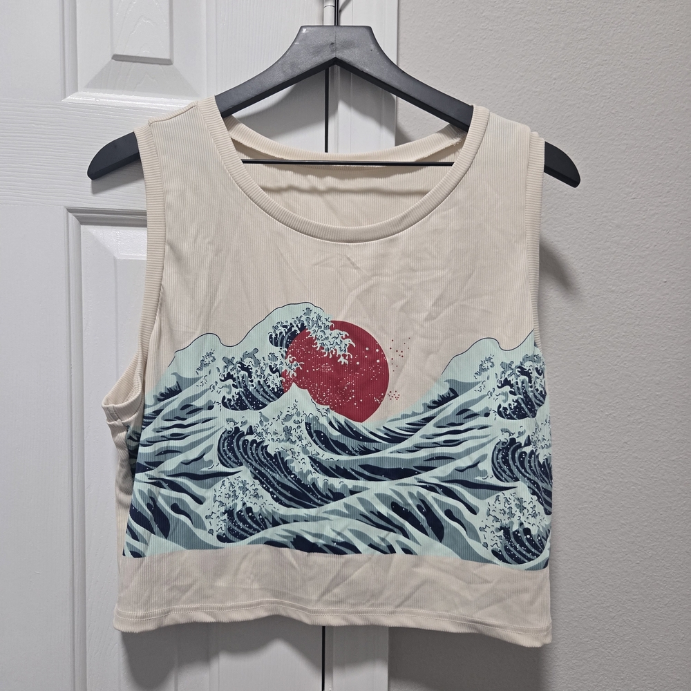 SHEIN Beige Crop Top with Wave and Red Sun Design